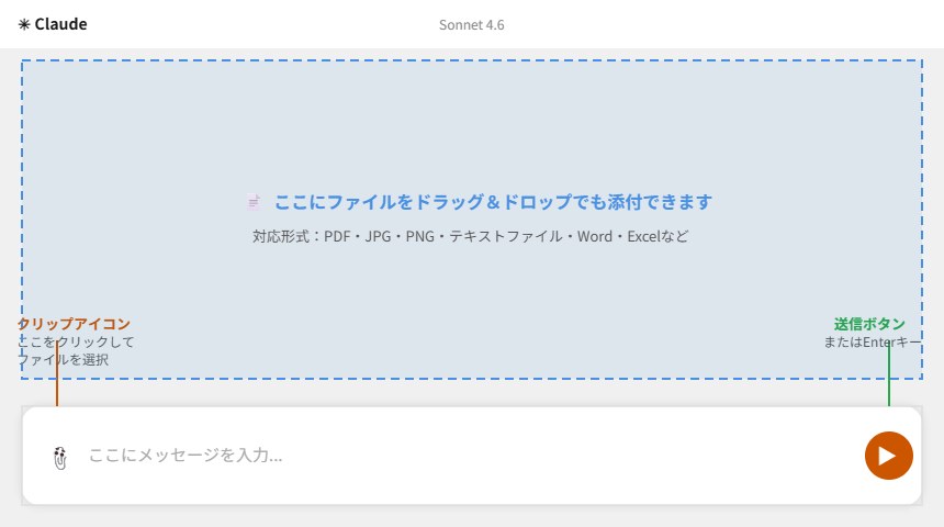 Claudeのチャット画面でファイルを添付する「＋」ボタンの場所