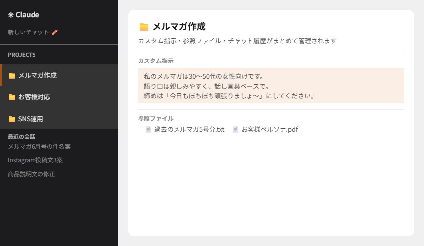 ClaudeのサイドバーにProjectsが並んでいる画面