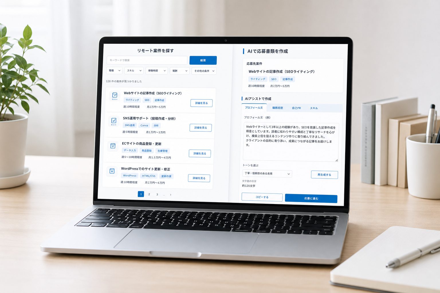 在宅案件検索とAIによる応募書類作成画面を表示したノートパソコン